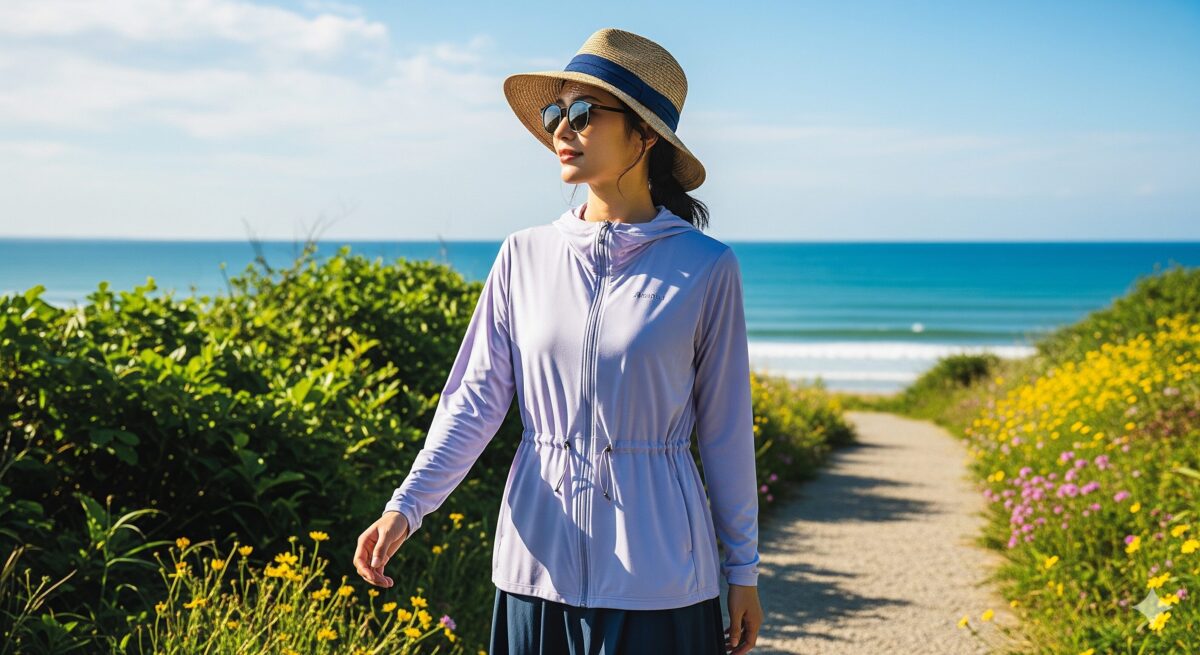きらきらと輝く夏の海を背景に、日差しを遮る大きな帽子と薄手のパーカーを身にまとって海岸沿いを歩く女性。