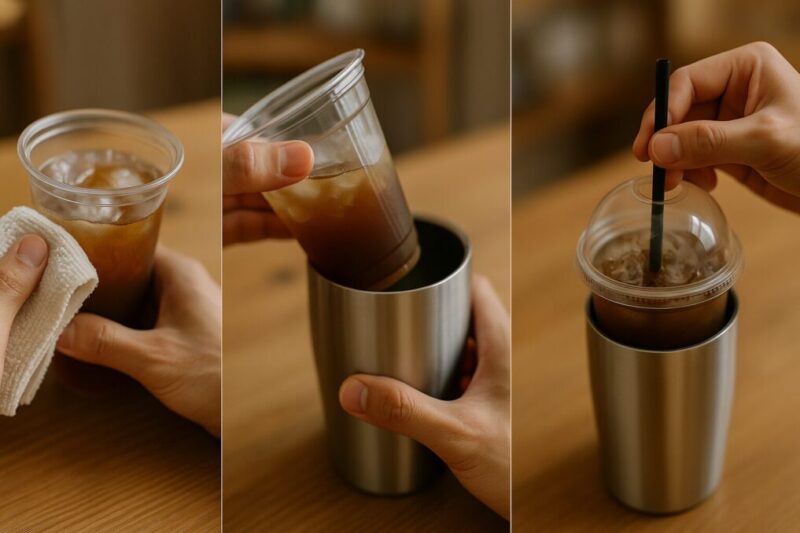 こぼれにくい入れ方を段階的に示すイメージ写真