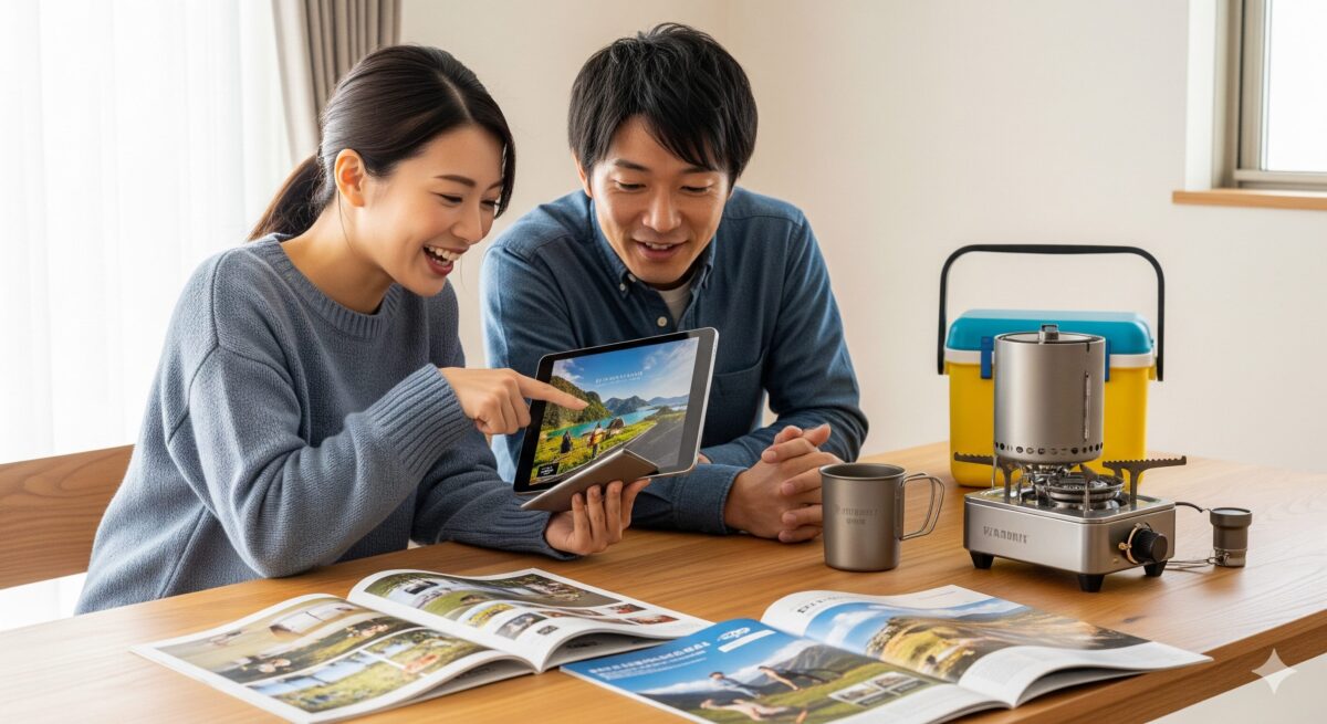 これから手に入れるキャンプ用品を心待ちにしながら選んでいる、あたたかみのある日常のワンシーン。