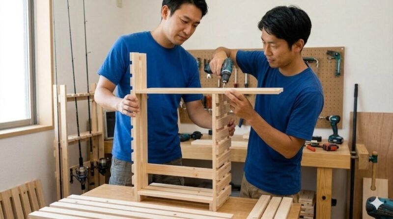 すのこを活用して作った手軽な釣竿立てDIYの例