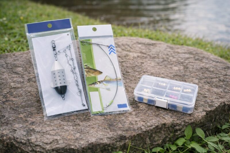 ちょい投げに使う天秤や仕掛け、小物を並べた選定イメージ