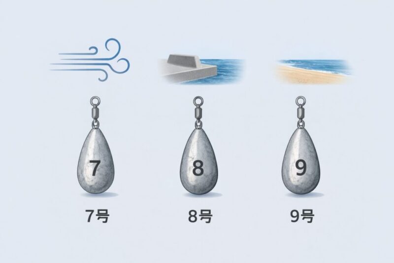 ちょい投げ用オモリの7号8号9号を比較したイメージ