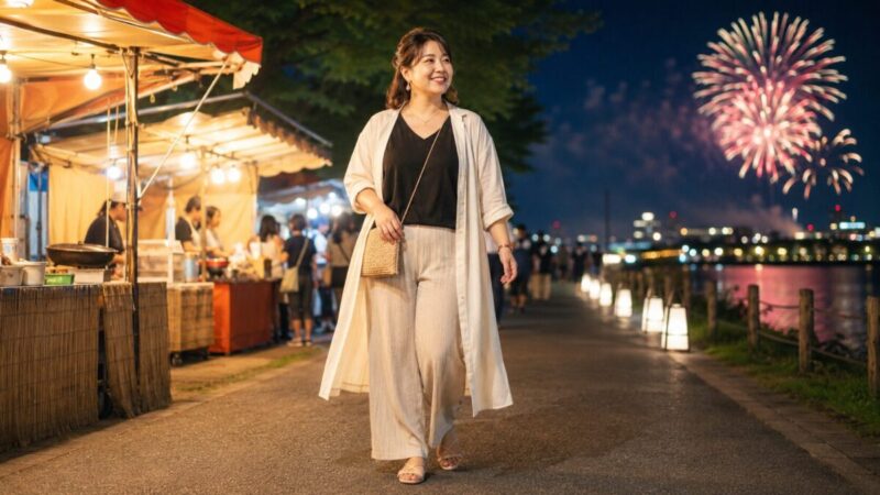 ぽっちゃり体型でもすっきり見える花火大会の縦ラインコーデ