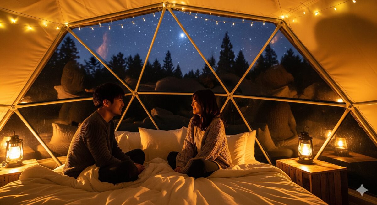 ゆったりとしたベッドに座り、リラックスした部屋着姿の男女が楽しげに語り合っている様子。