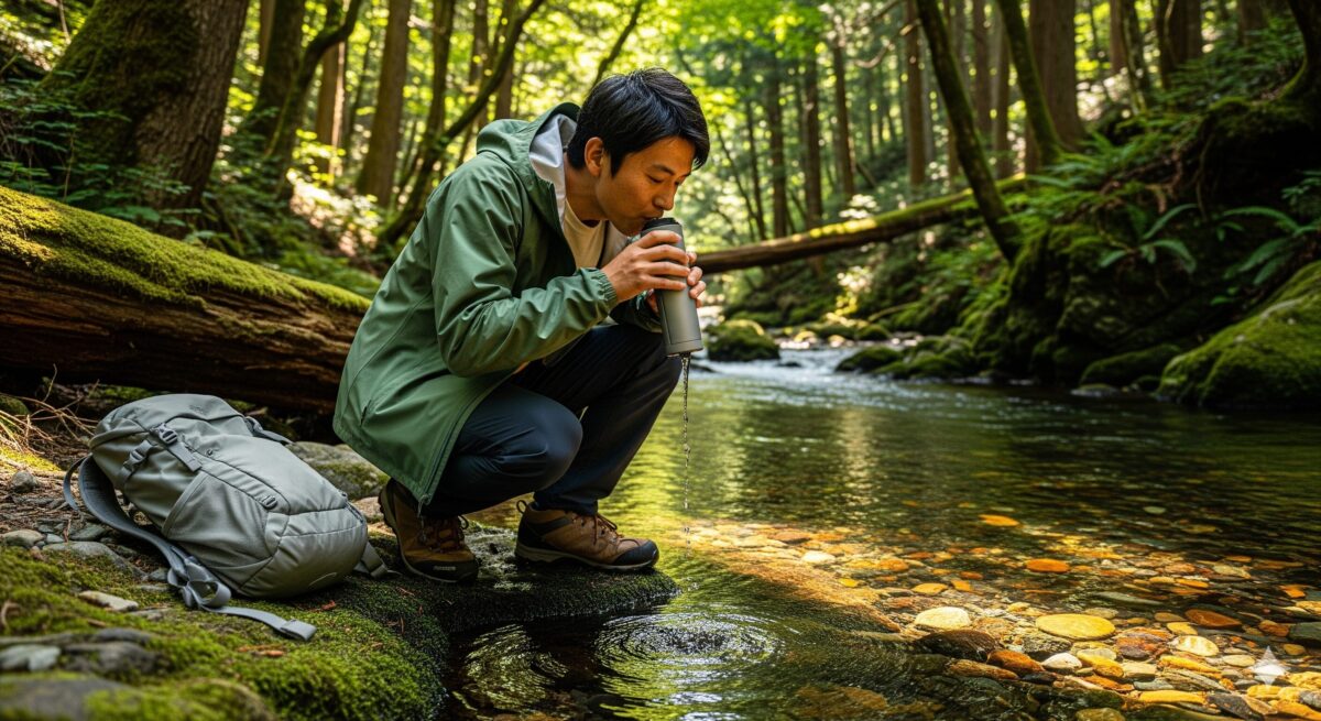アウトドアウェアを着た男性が携帯用浄水器を使って水を飲んでいる様子。
