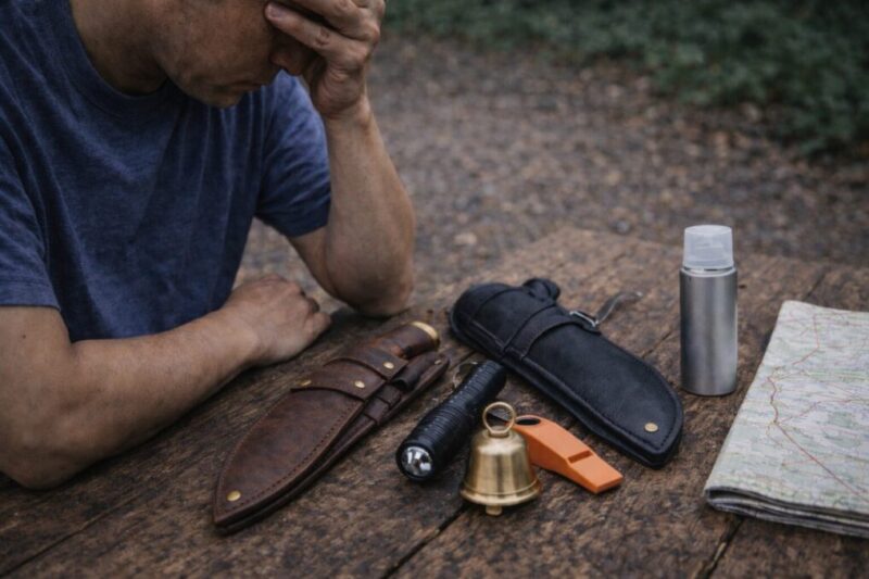 アウトドア用の装備をテーブルに広げて、購入後に困りやすいポイントを整理している様子