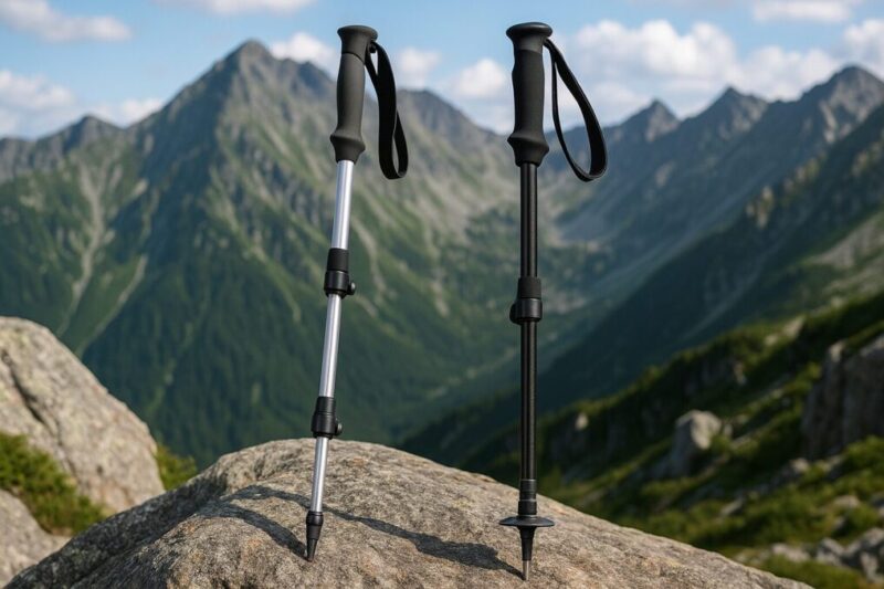 アルミ製とカーボン製のトレッキングポールを並べ、素材の違いを比較しているイメージ写真。