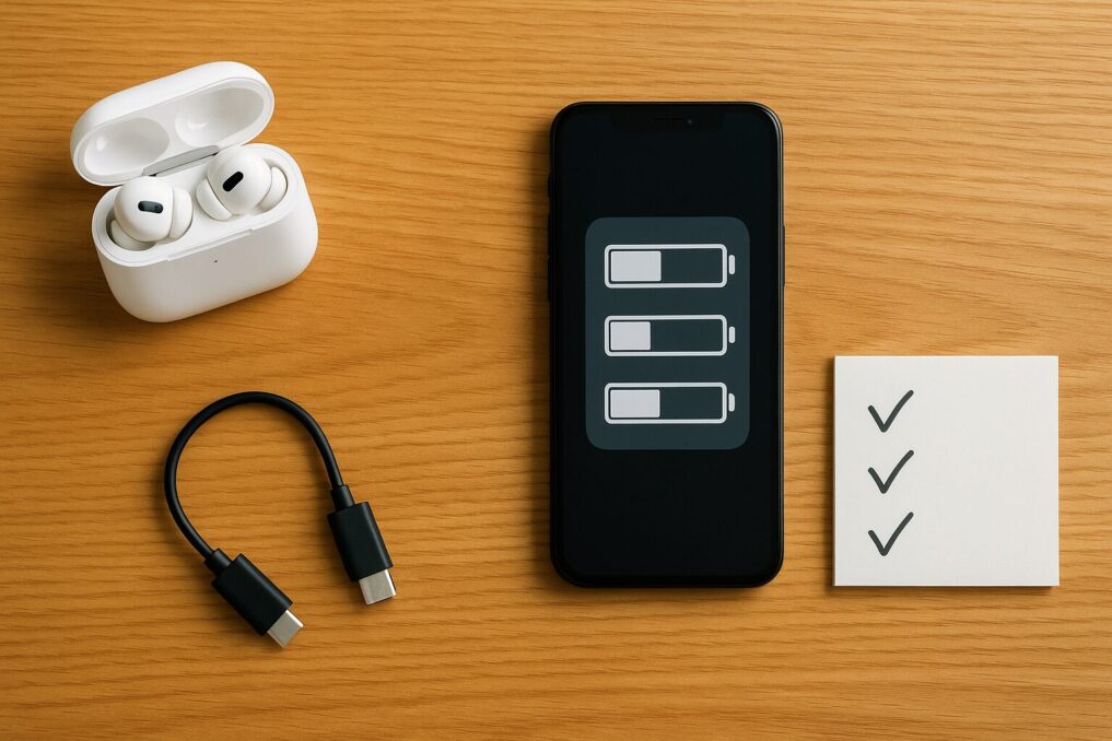 イヤホンの充電イメージを示すデスク上のフラットレイイメージ