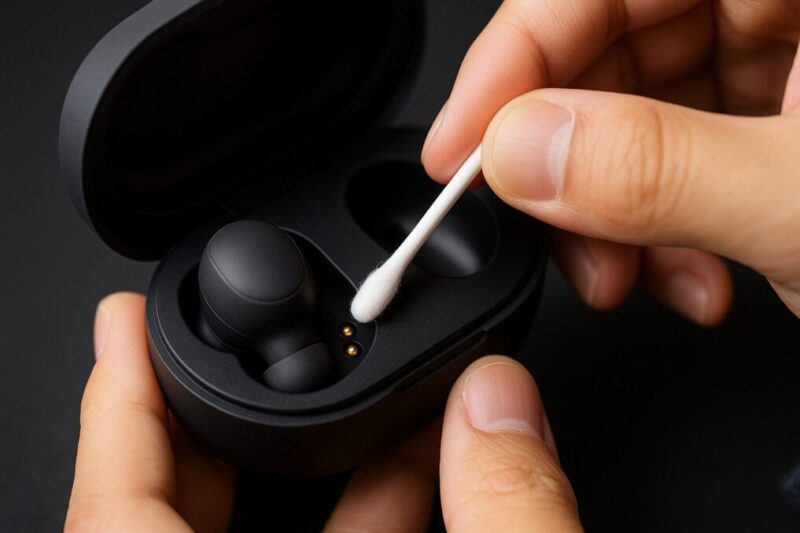 イヤホン充電ケースの接点を綿棒で清掃する手元のクローズアップイメージ