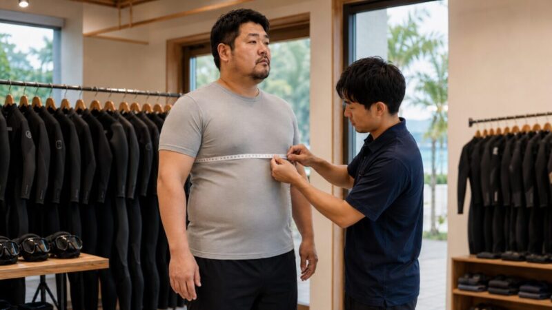 ウェットスーツのサイズを選ぶため薄着で胸囲を測ってもらう男性