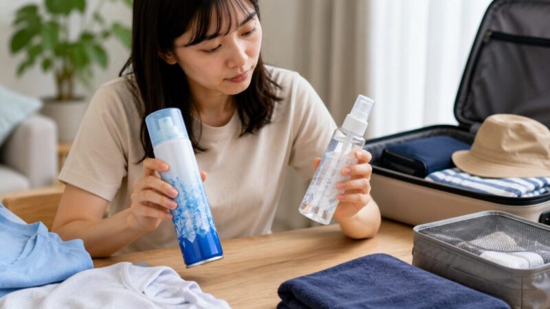 エアゾール式とポンプ式の冷感ミストを見比べて容器の違いを確認する旅行者