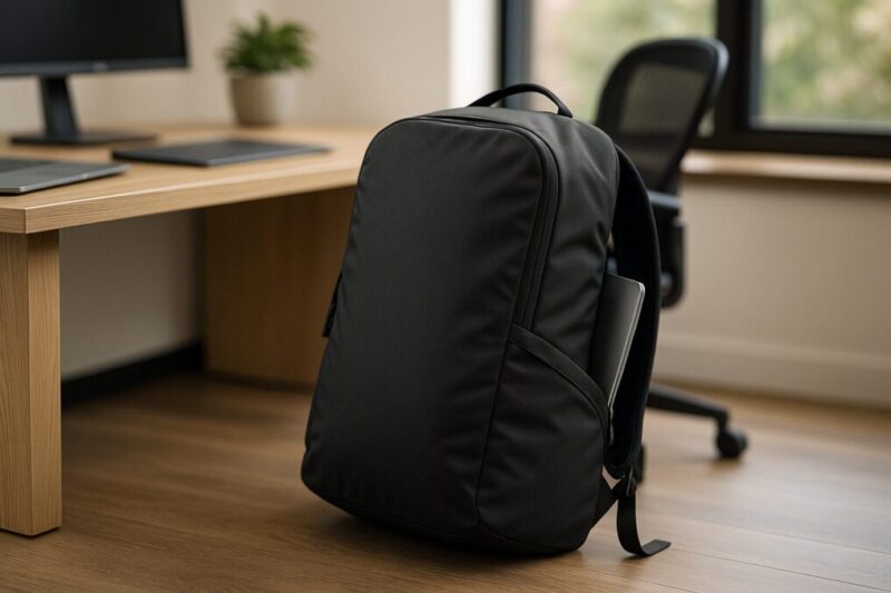 オフィスのデスク横に置いた約25Lバックパックイメージ