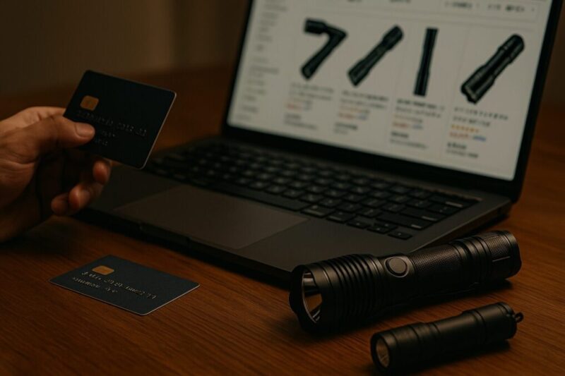 オンラインで懐中電灯を購入する前にチェックするイメージ。