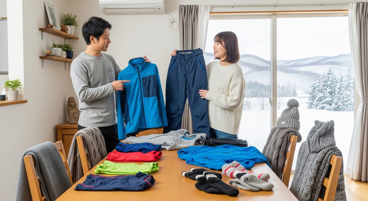 カジュアルな防寒着一式を、真剣に選んで組み合わせている日本人の若いカップル。