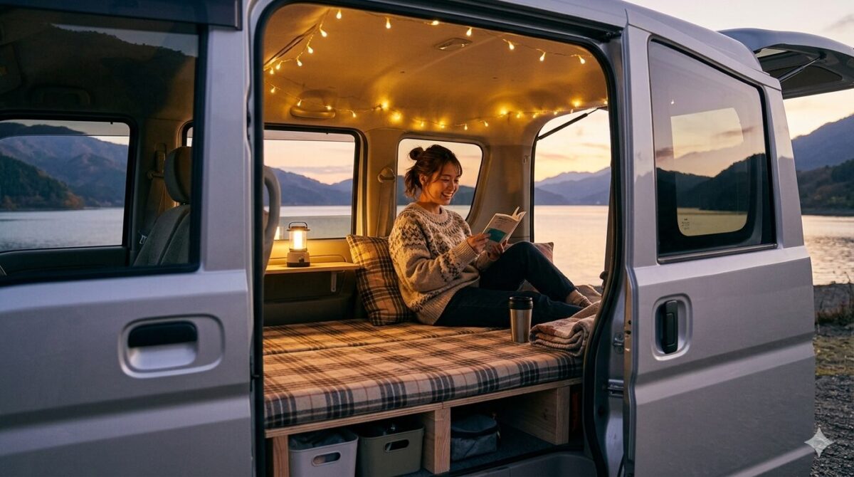 カスタマイズされた軽ワンボックスカー（エブリィのような車種）の車内から撮影された居心地の良い風景。