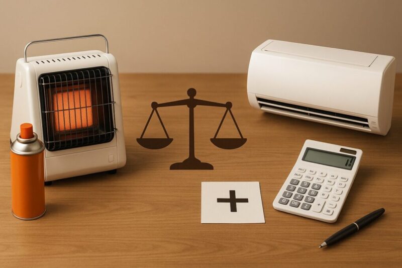 カセットガスストーブとエアコンの光熱費を比較しているイメージ。