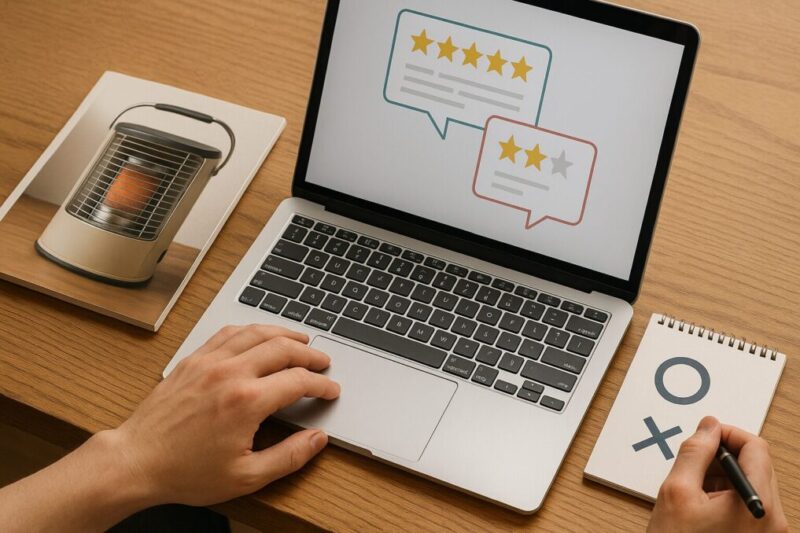 カセットガスストーブのレビューをパソコンとメモで整理している様子。