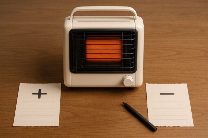 カセットガスストーブの長所と短所をメモに書き出して比較しているイメージ。