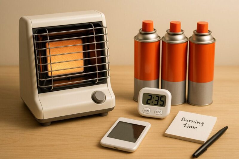 カセットボンベの本数とタイマーで燃焼時間をチェックしているイメージ。