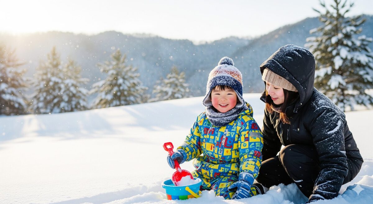 カラフルで可愛らしい柄のつなぎタイプのスキーウェアを着て雪遊びを楽しむ幼い男の子。