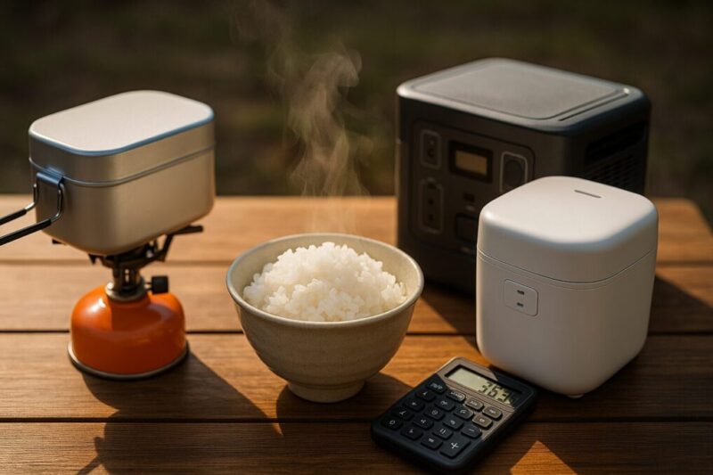 ガス炊飯と電気炊飯を比較しながら車中泊で美味しいご飯を炊くイメージ。