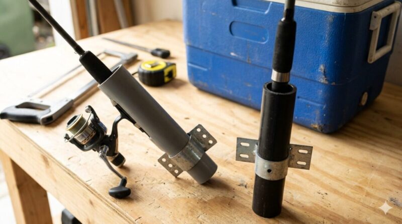 ガレージの作業台の上で、塩ビパイプで作られた自作ロッドホルダーが、竿の角度が付きすぎてリールが当たったり、逆に狭すぎて竿尻が詰まったりと失敗している様子。