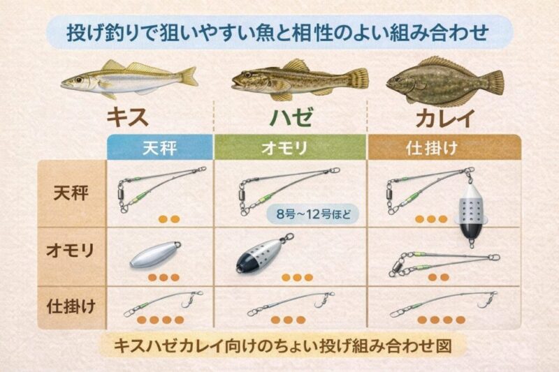 キス、ハゼ、カレイと相性のよい天秤やオモリ、2本針の組み合わせをまとめた図