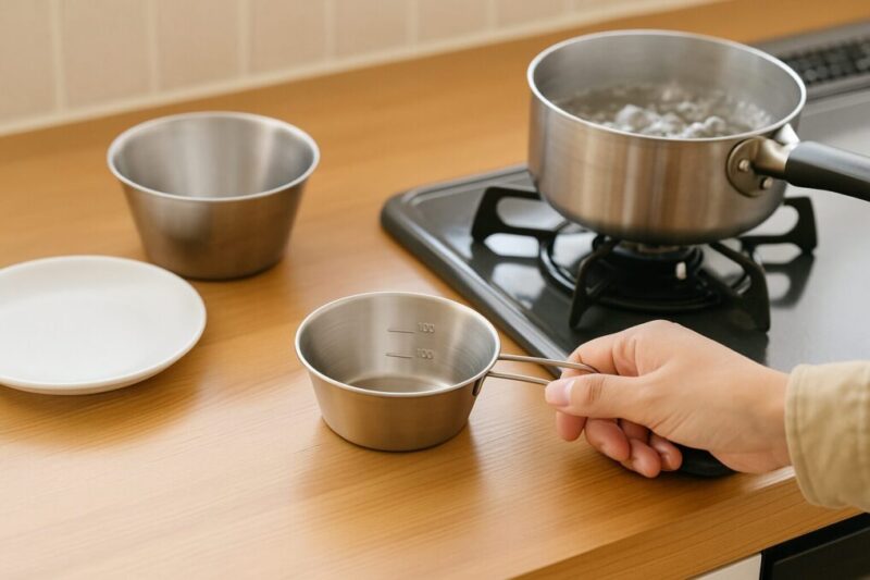 キッチンのカウンターで、日本人の手がメモリ付きシェラカップを持ち、奥のコンロで鍋が沸く家庭シーン。