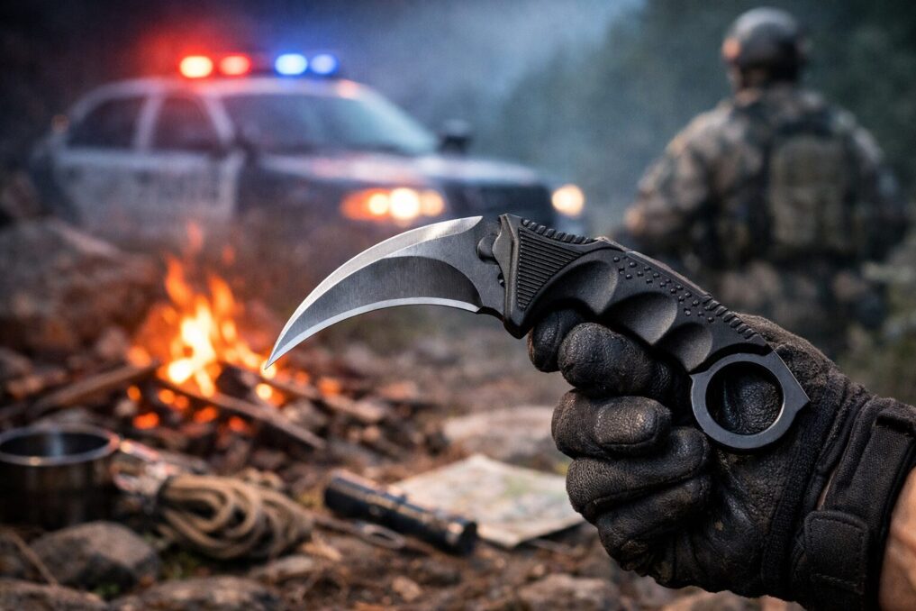 キャンプで刃物を持ち運ぶときは周囲に誤解されないよう、収納方法や携帯の仕方に注意するイメージ