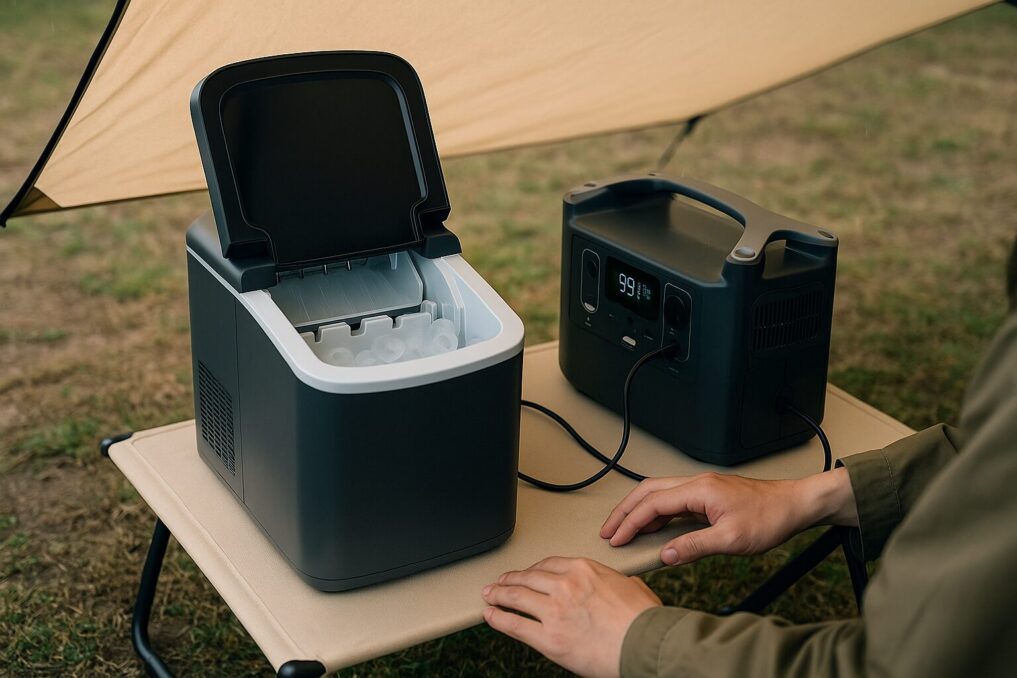 キャンプで小型製氷機をポータブル電源で運用する様子