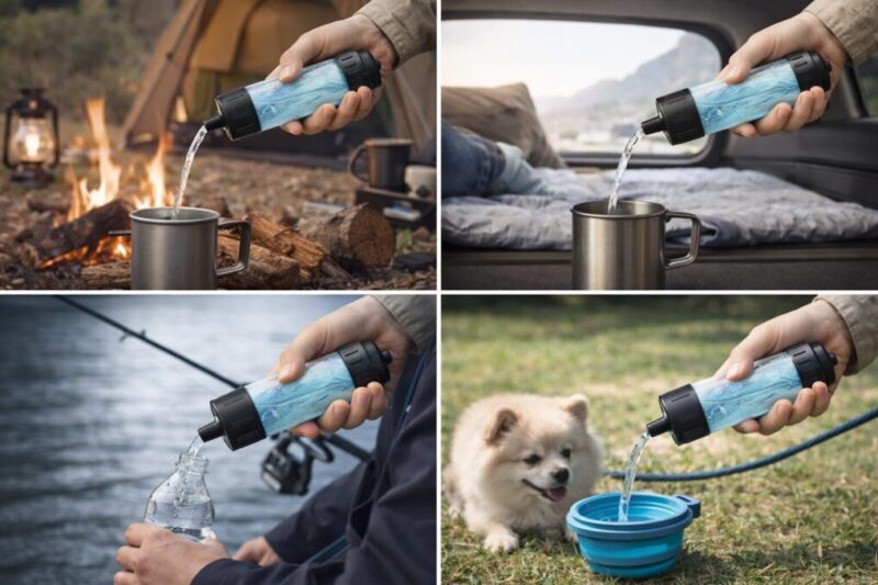 キャンプや車中泊、釣り、散歩の場面で携帯浄水器を使い分ける活用シーンのイメージ
