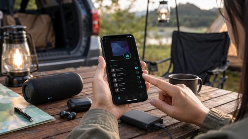 キャンプや車中泊の出発前に、スマホでダウンロード済みの音楽リストを確認し、スピーカー・イヤホン・モバイルバッテリーを準備している様子。