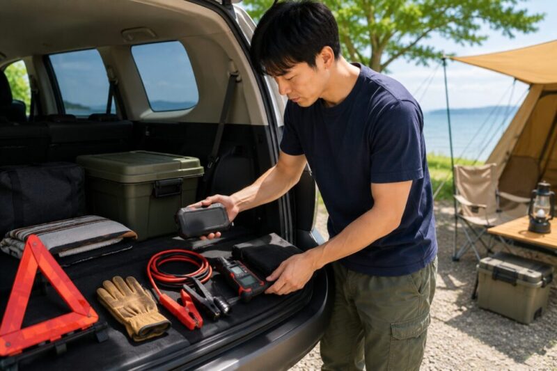 キャンプや車中泊の出発前に車載用のバッテリー対策グッズを確認する様子