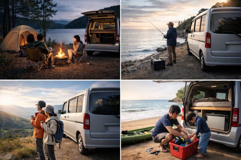 キャンプや釣り、遠征、海遊びで車中泊電源が役立つ場面を並べたイメージ