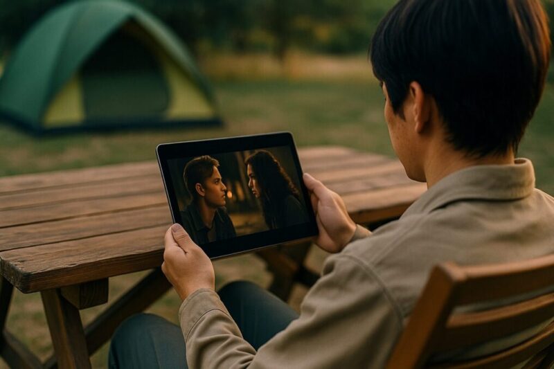 キャンプサイトでタブレットの動画を視聴する日本人の後ろ姿