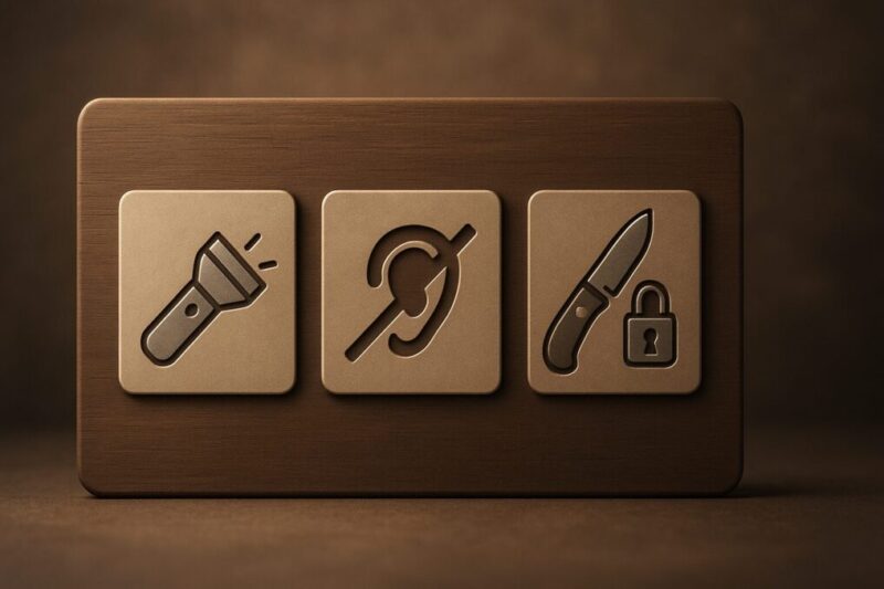 キャンプサイトの掲示板を模したピクトグラム。ライト配慮・静音・刃物管理の3アイコンで、携帯可否とマナーの注意点を示す図解