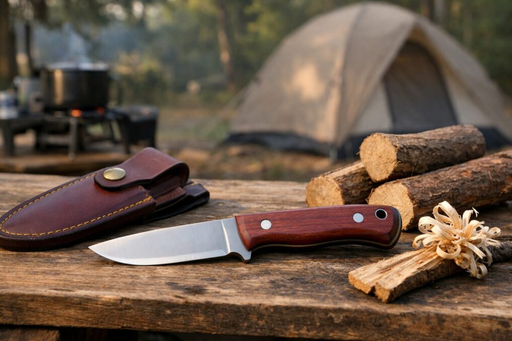キャンプサイトの木のテーブルに置いたナイフと革シース、薪とフェザースティックの様子