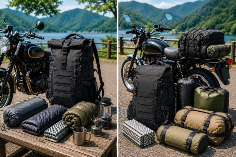 キャンプツーリングでリュックだけに荷物をまとめる場合とシートバッグを併用する場合を比較する様子