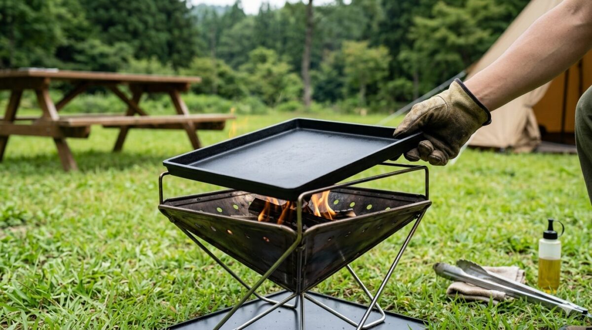キャンプ場で、四角い焚き火台の上に、無地の黒い鉄板を慎重に設置しようとしている様子を写した169の写真。