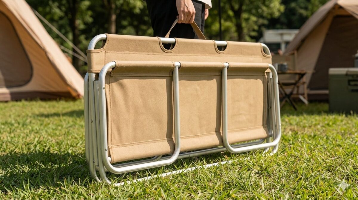 キャンプ場で、男性キャンパーが折りたたまれたベージュのアウトドアベンチを持ち運ぶ様子