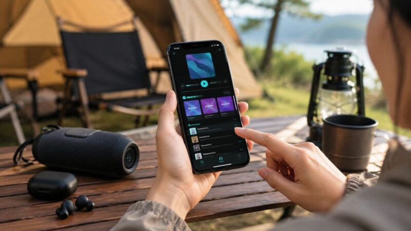 キャンプ場でスマホの音楽プレイリストから再生する曲を選び、小型スピーカーとイヤホンを準備している様子。