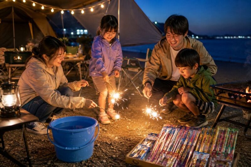 キャンプ場で家族が手持ち花火を安全に楽しむ様子