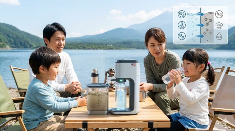 キャンプ場で日本人家族が、電動携帯浄水器を使い、安全な水を子供に飲ませている様子。