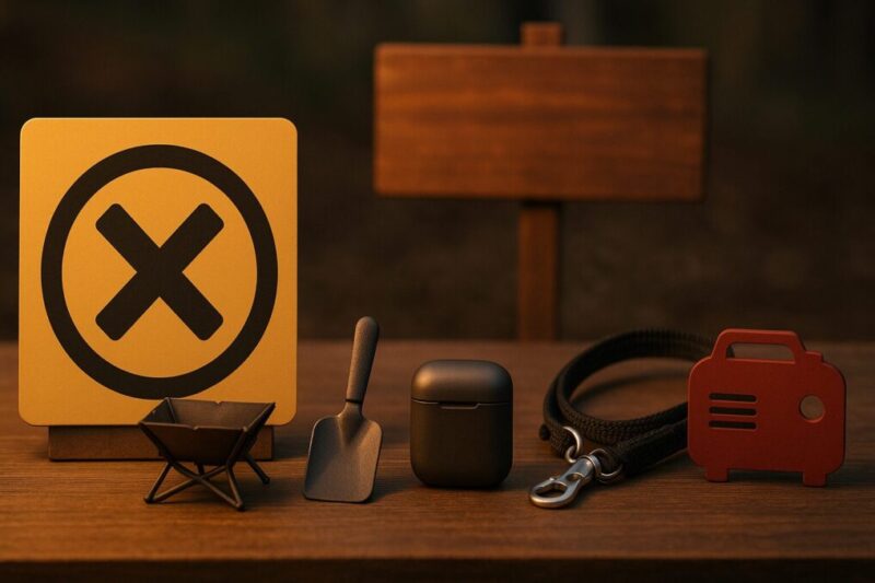 キャンプ場で禁止されやすい行為をピクト風に示すイメージ。