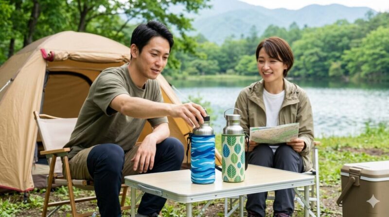キャンプ場のテーブルに置かれた保冷ボトルホルダー