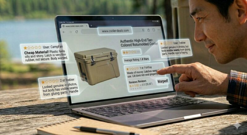 キャンプ場の木のテーブルの上で、日本人男性がノートパソコンの画面を接写している。