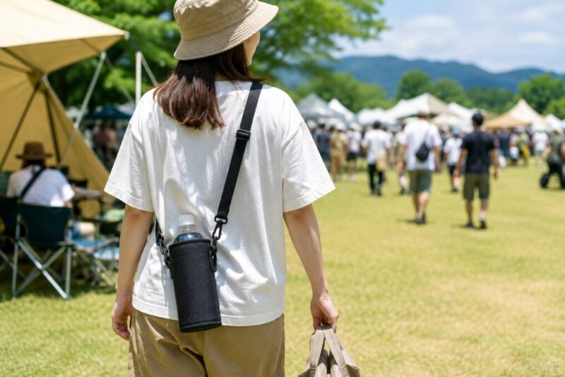 キャンプ場や屋外イベントで肩掛けタイプのペットボトルホルダーを使って歩く様子