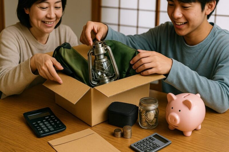 キャンプ用品の横で貯金瓶にコインを入れる手元のクローズアップ──ふるさと納税でお得にキャンプ道具をそろえるイメージ
