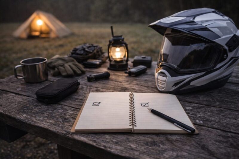 キャンプ道具とヘルメットをテーブルに置き、体験の良かった点と失敗した点を振り返って整理している様子