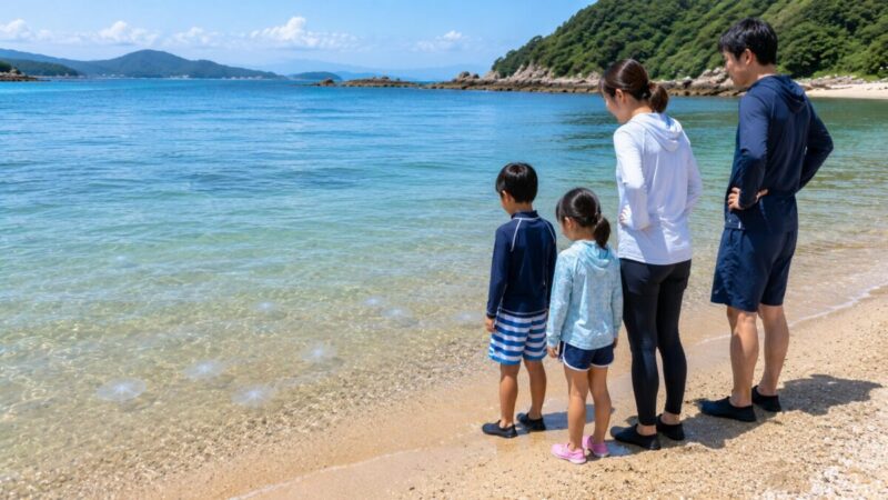 クラゲが見つかった海水浴場で入水を控えて海の様子を確認する家族